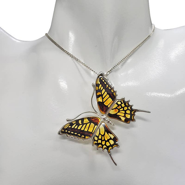 Butterfly Cameo Amber Silver Brooch