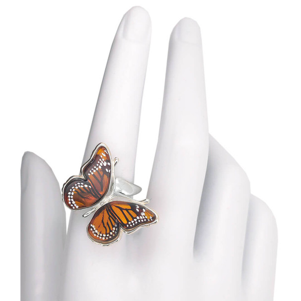 Monarch Butterfly Cameo Amber Silver Adjustable Ring