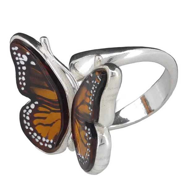 Monarch Butterfly Cameo Amber Silver Adjustable Ring