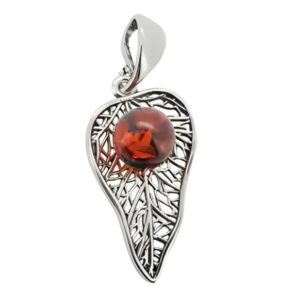 Leaf Design Cognac Amber Silver Pendant
