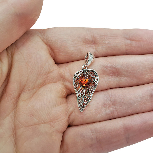 Leaf Design Cognac Amber Silver Pendant