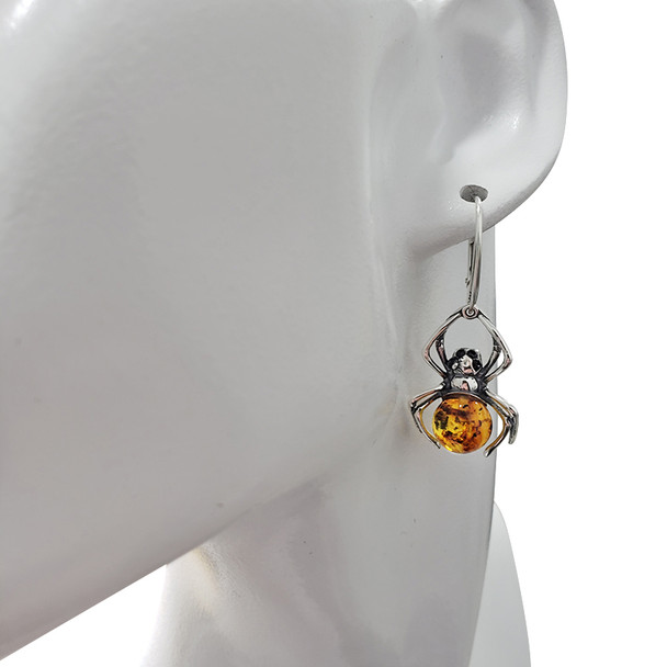 Spider Cognac Amber Silver Earrings On Hooks