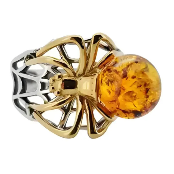 Spider Cognac Amber Gold Plated Silver Adjustable Ring