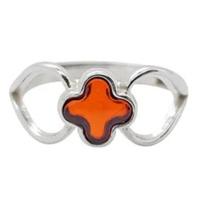 Cherry Amber Sterling Silver Clover Adjustable Ring