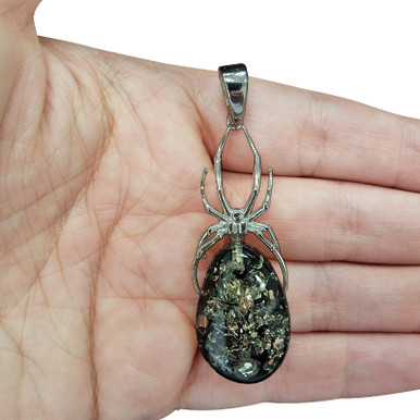 Spider Green Amber Silver Pendant