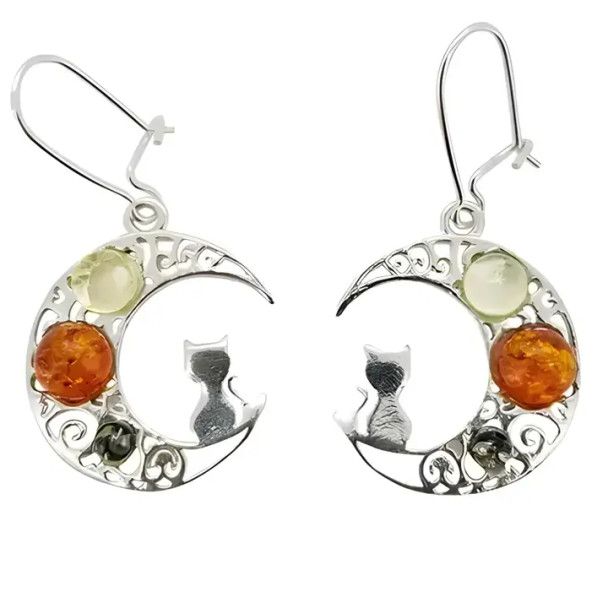 Cat Moon Multicolor Amber Silver Earrings On Hooks