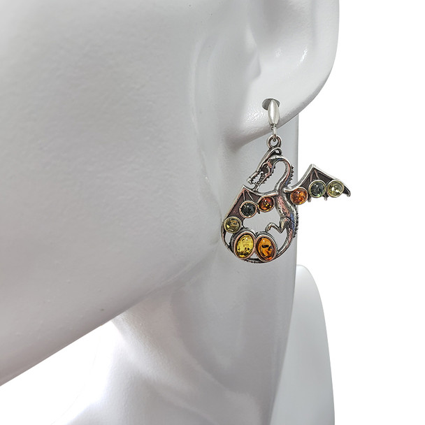 Multi Color Amber Sterling Silver Dragon Post Dangle Earrings