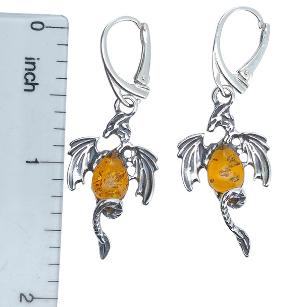Cognac Amber Sterling Silver Dragon Earrings On Hooks