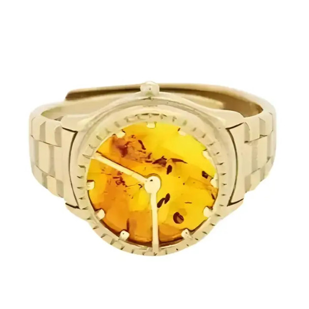Watch Cognac Amber Gold Plated Silver Adjustable Ring