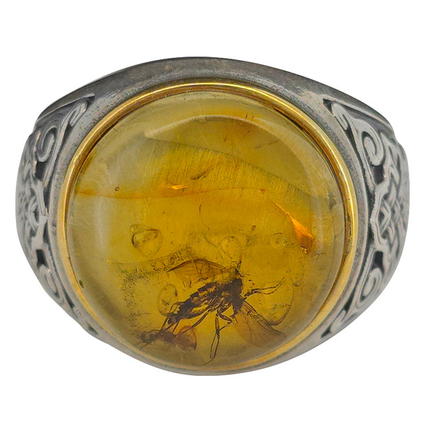 Natural Amber With Insect Silver Ring