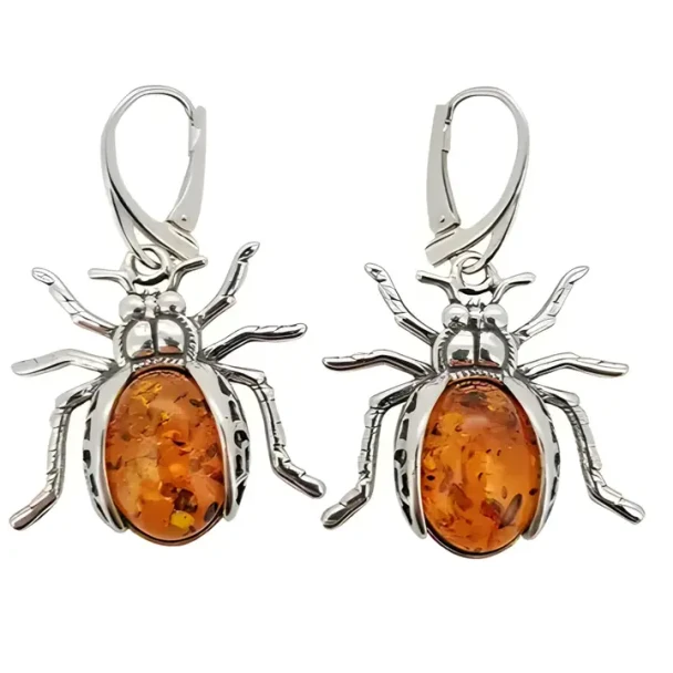 Beetle Cognac Amber Sterling Silver Earrings