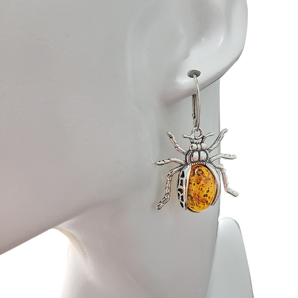 Beetle Cognac Amber Sterling Silver Earrings