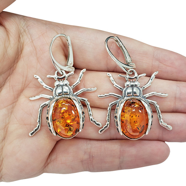 Beetle Cognac Amber Sterling Silver Earrings