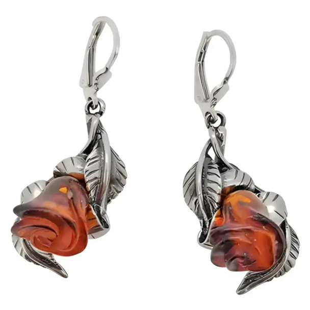 Rose Cognac Amber Silver Earrings On Hooks