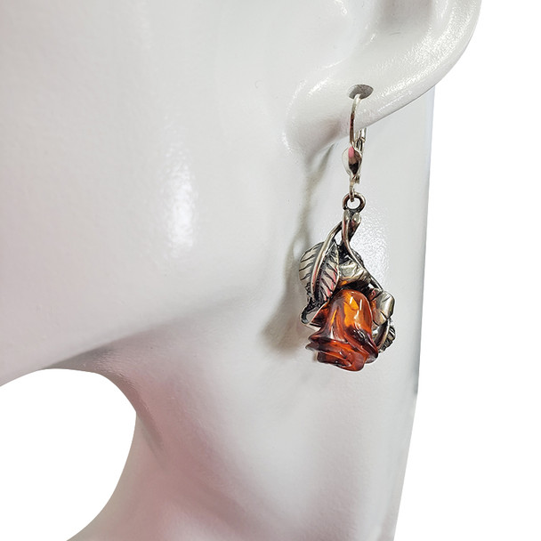 Rose Cognac Amber Silver Earrings On Hooks