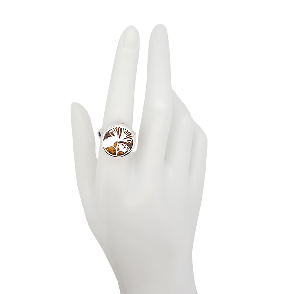 Ginkgo Leaf Cognac Amber Adjustable Ring
