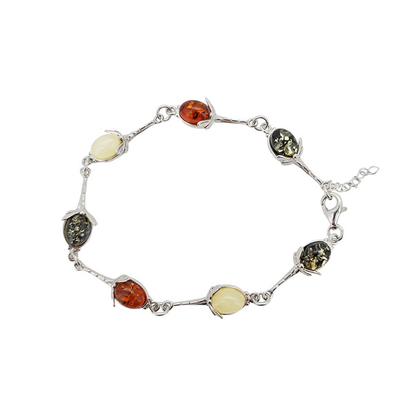 Dragonfly Multi-Color Amber Silver Link Bracelet