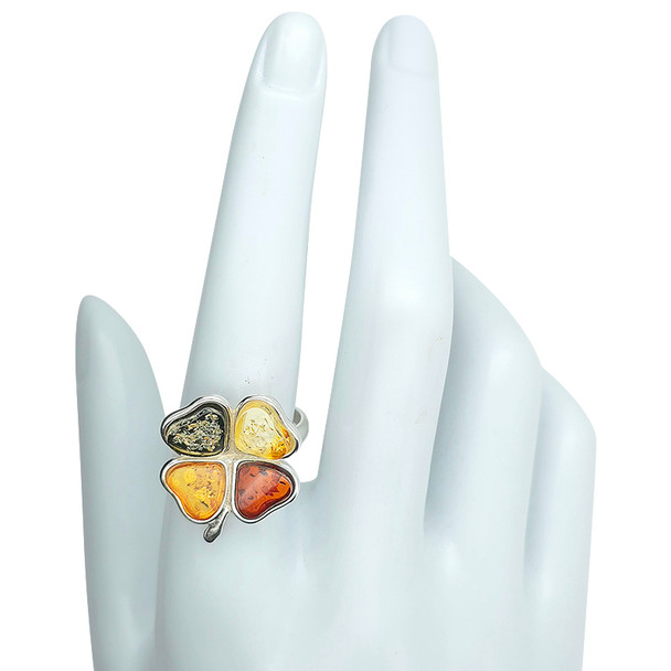 Multi Color Amber Sterling Silver Clover Adjustable Ring