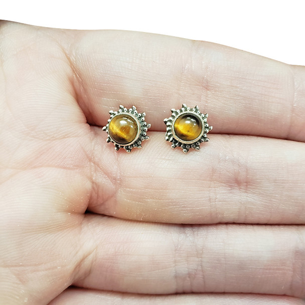 Round Stud Tiger Eye Silver Earrings