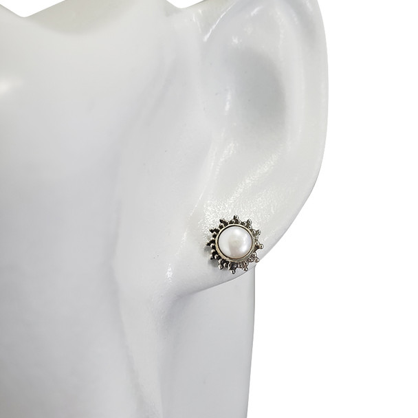 Round Stud Pearl Silver Earrings