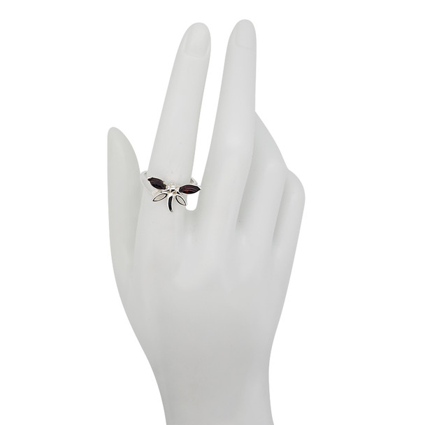 Dragonfly Cherry Amber Silver Adjustable Ring