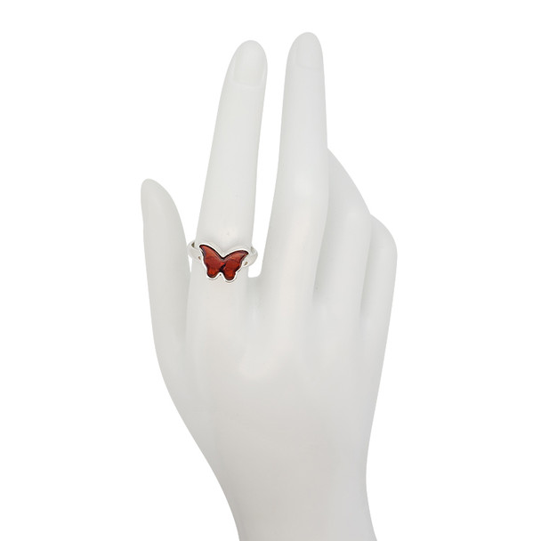 Butterfly Cherry Amber Silver Adjustable Ring
