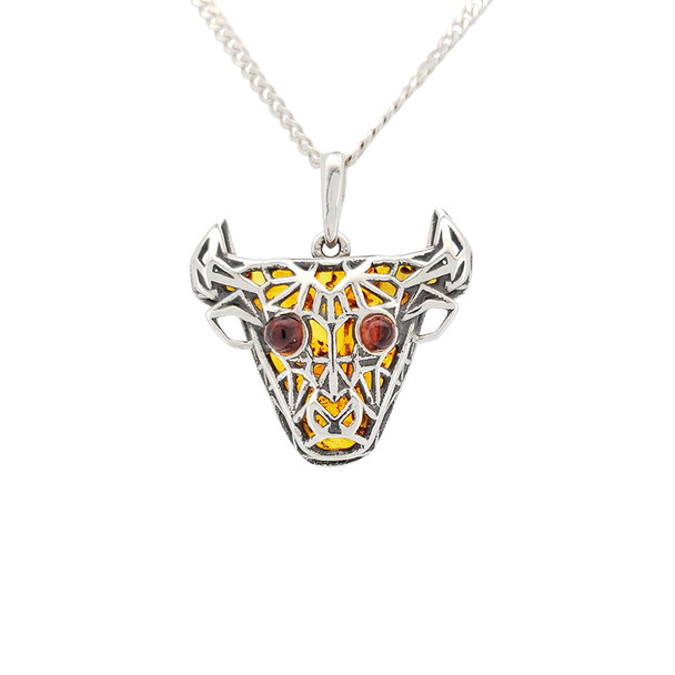 Bull Cognac Amber Silver Pendant