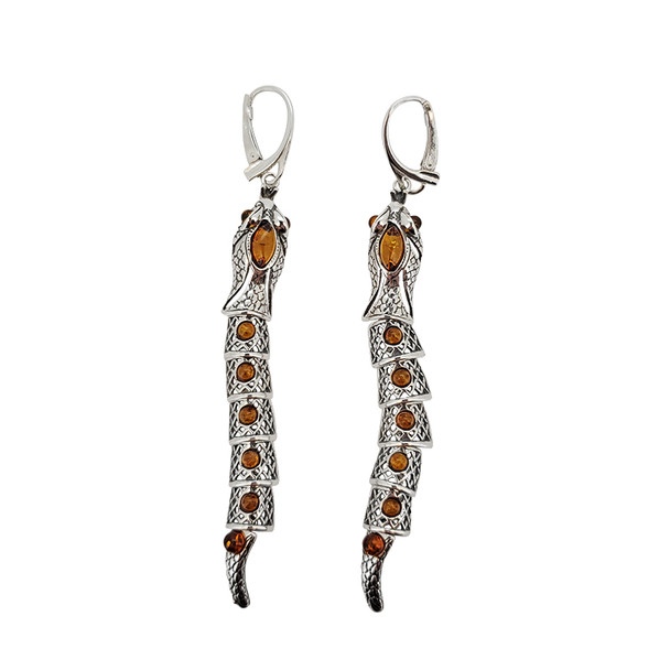 Snake Cognac Amber Silver Earrings