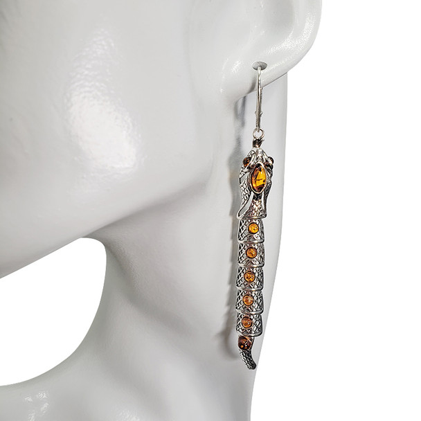 Snake Cognac Amber Silver Earrings