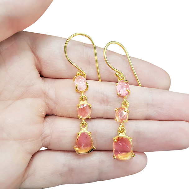 Pink Tourmaline Gold Plated Silver Earrings On Hooks