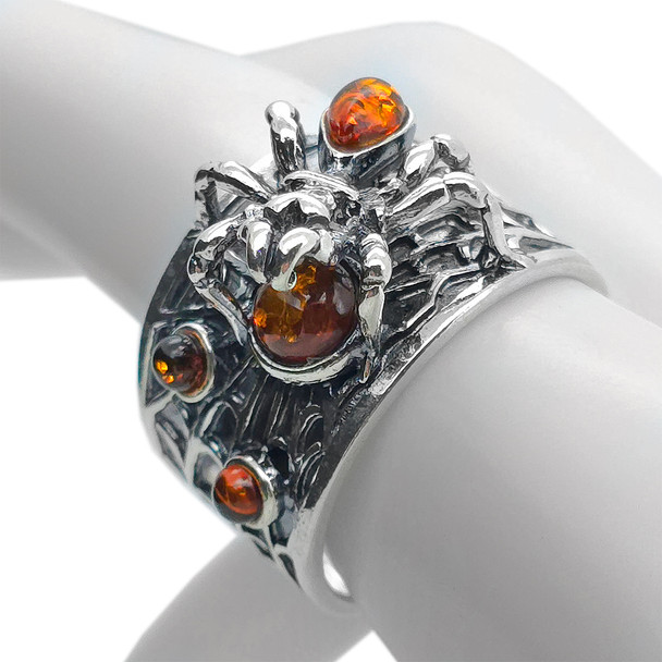 Spider Cognac Amber Sterling Silver Men's Ring