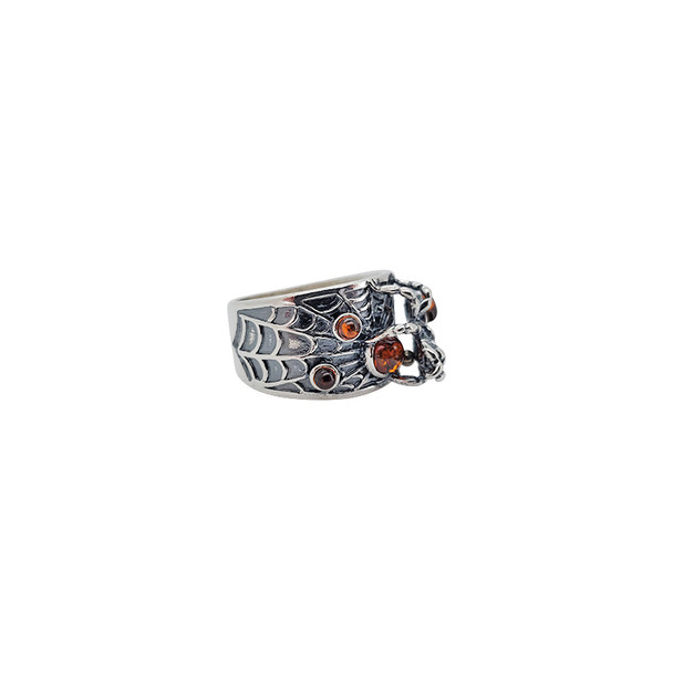 Spider Cognac Amber Sterling Silver Men's Ring