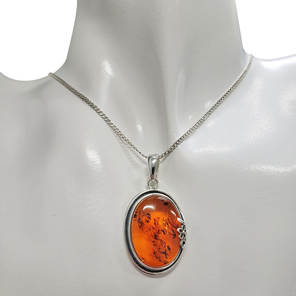 Cognac Amber Flower Silver Pendant
