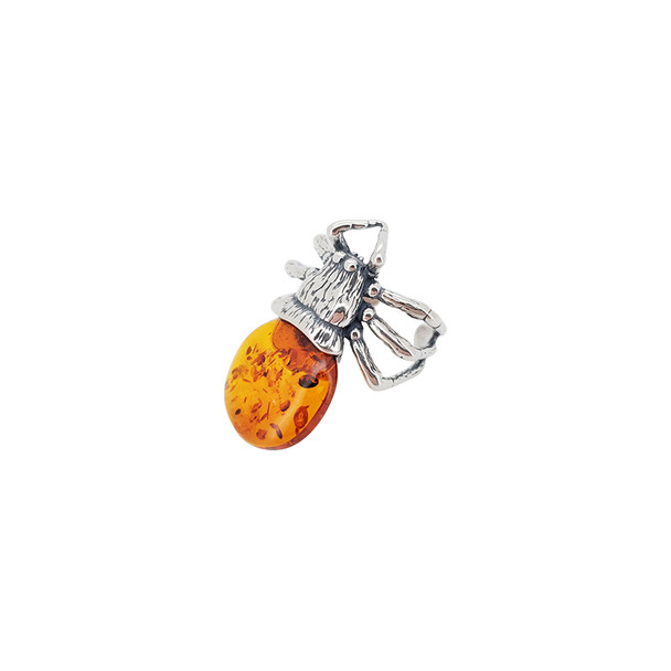 Spider Cognac Amber Sterling Silver Adjustable Ring