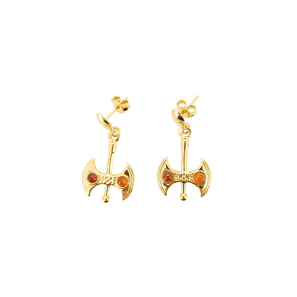 Battle Axe Cognac Amber Gold Plated Silver Earrings