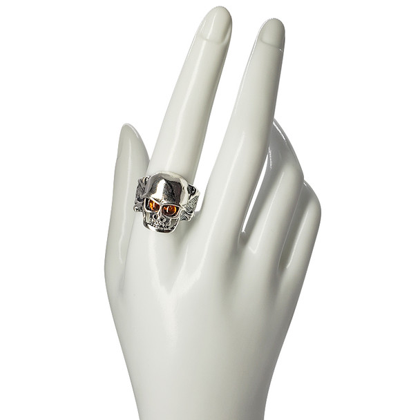Cognac Amber Skull Sterling Silver Ring
