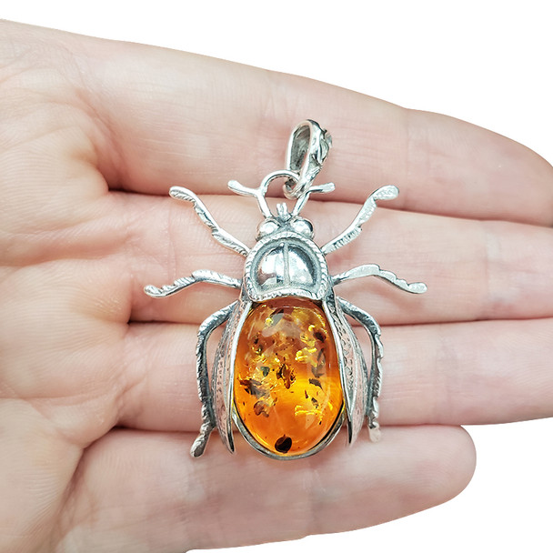 Beetle Cognac Amber Sterling Silver Pendant