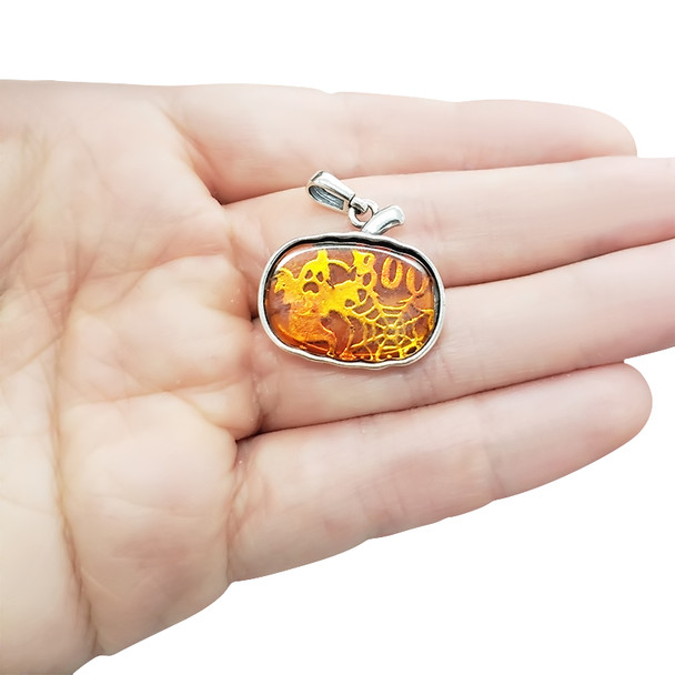 Ghost And Spiderweb Cognac Amber Sterling Silver Pendant