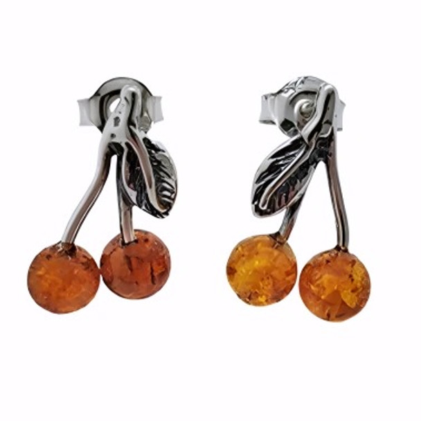 Cognac Amber Sterling Silver Cherry Stud Earrings