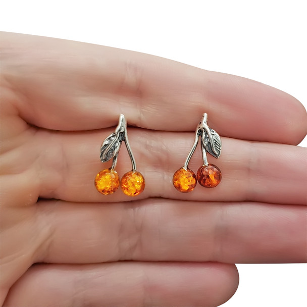Cognac Amber Sterling Silver Cherry Stud Earrings