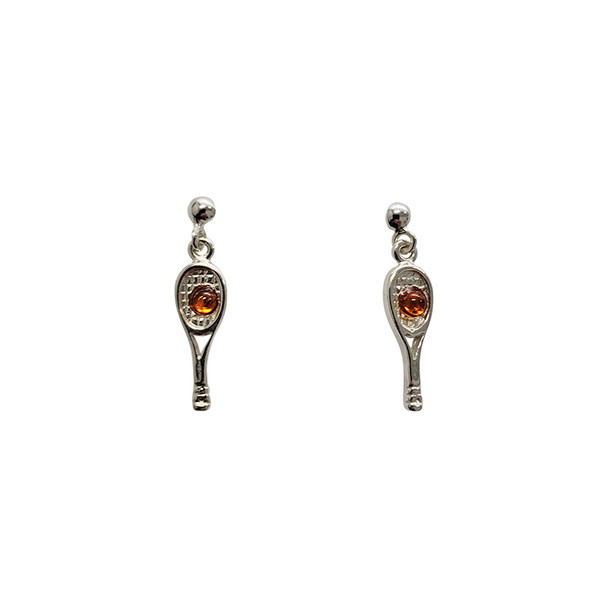 Racquet Cognac Amber Sterling Silver Post Dangle Earrings