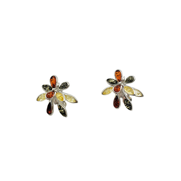 Flower Multi-Color Amber Sterling Silver Clip On Earrings