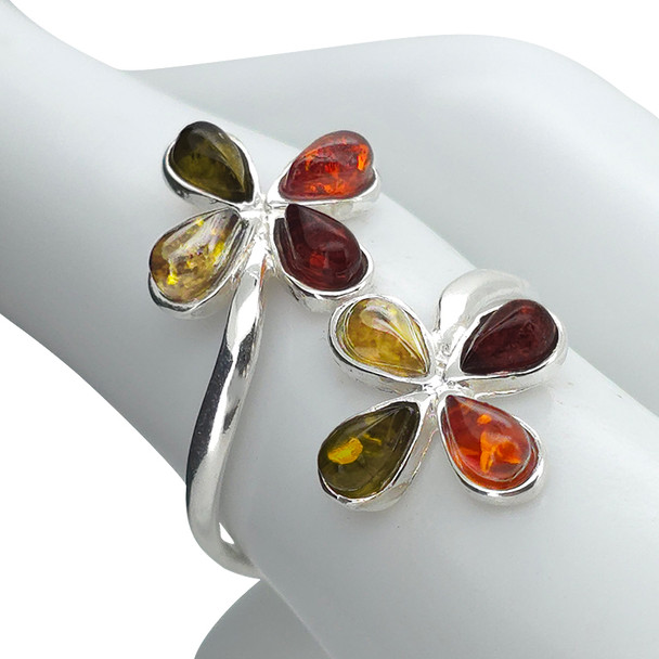 Multi-Color Amber Sterling Silver Flower Adjustable Ring