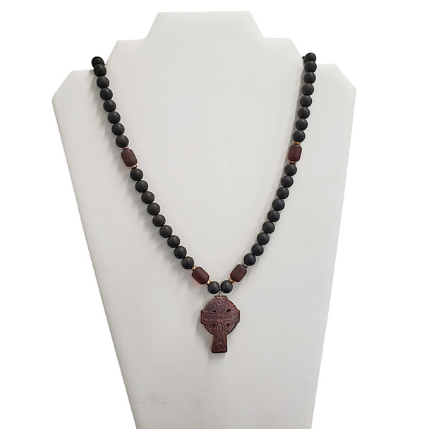 Celtic Cross Black And Dark Cognac Amber Beaded Necklace 26"