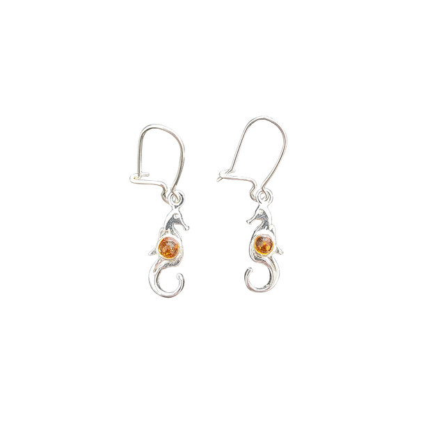 Cognac Amber Sterling Silver Seahorse Earring On Hooks