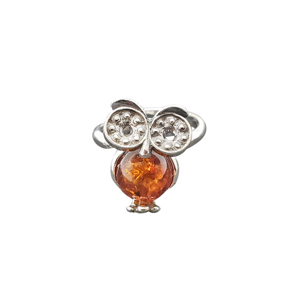 Cognac Amber Sterling Silver Owl Adjustable Ring