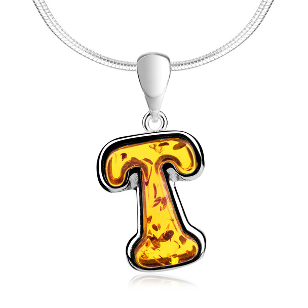 Cognac Amber Sterling Silver Alphabet Collection Letter T Pendant