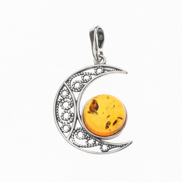 Moon Cognac Amber Sterling Silver Pendant