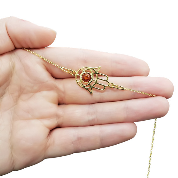 Cognac Amber Gold-Plated Silver Hamsa Necklace