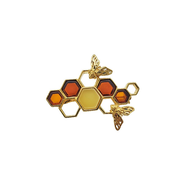 Multi-Color Amber Gold Plated Silver Bee On Honeycomb Pin/Brooch